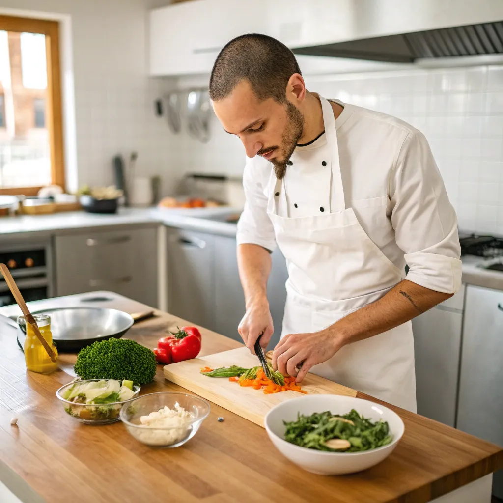 Chef demonstrating vegan cooking techniques