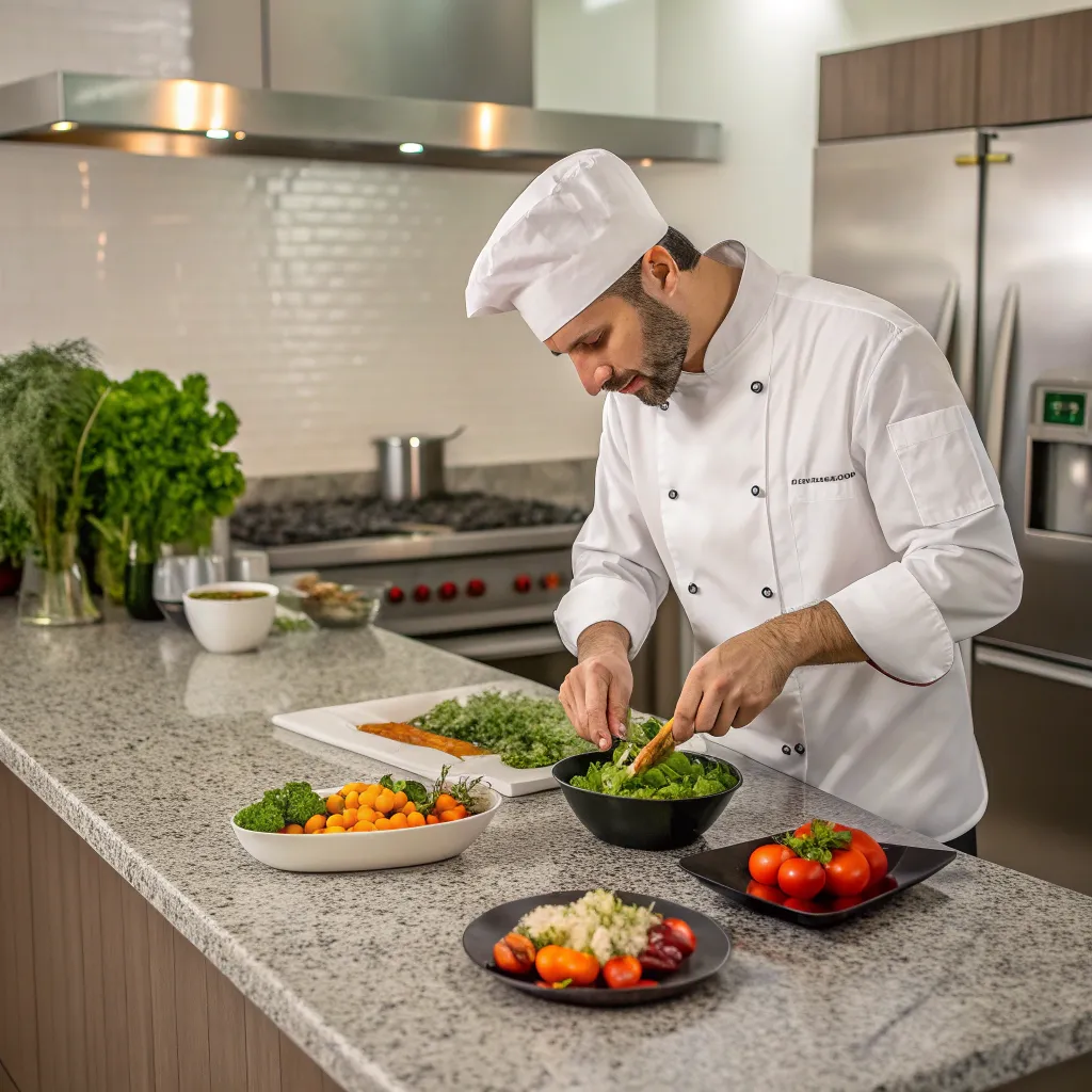 A professional chef demonstrating vegan cooking techniques
